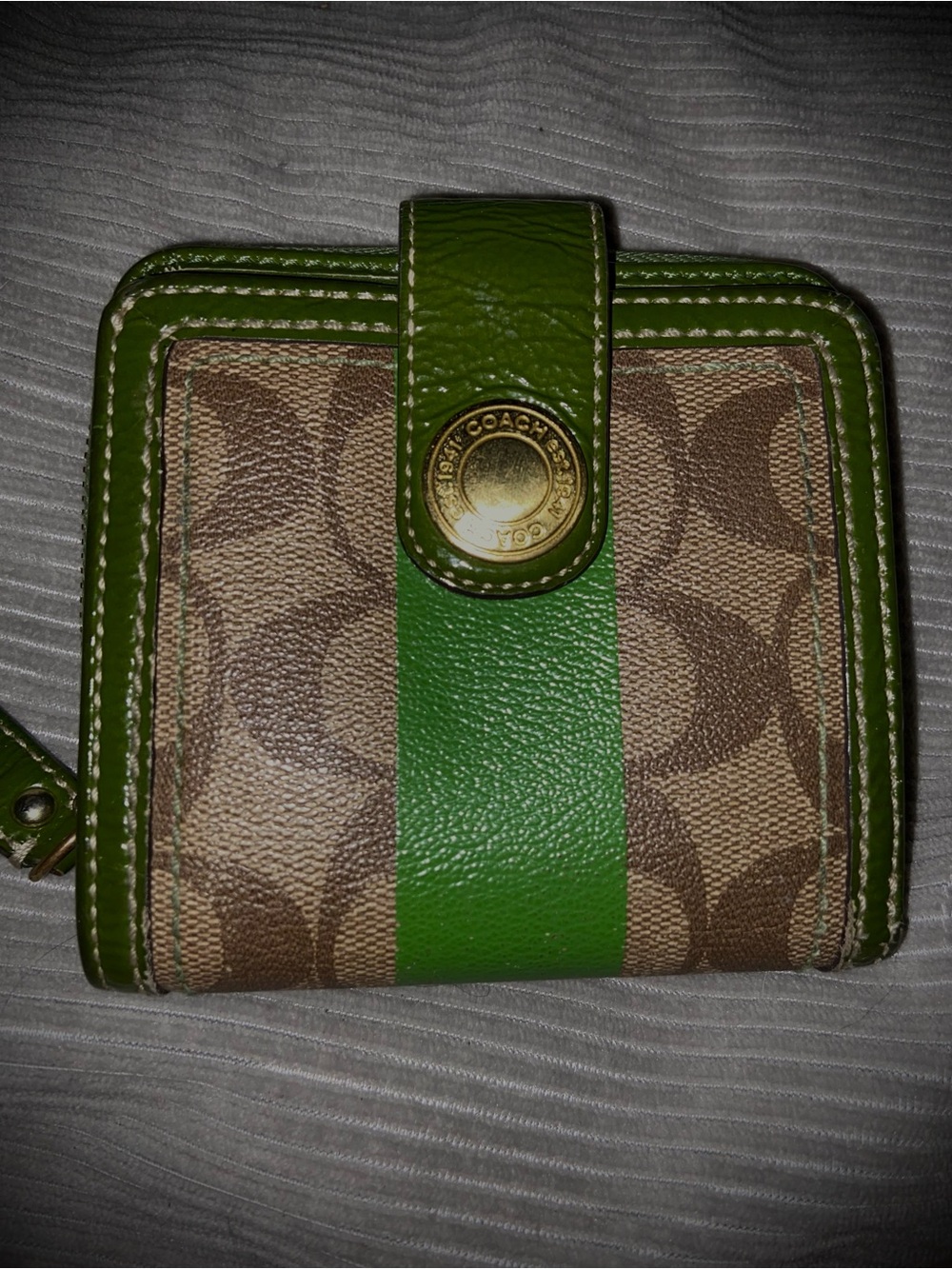 Coach Brown Signature Canvas Wallet with Green Stripe